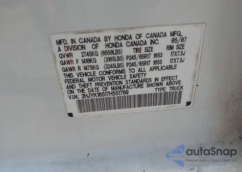 2007 Honda Ridgeline Rtl z USA, uszkodzony, nr VIN 2HJYK16517H551769